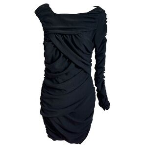 NWT Zara One Shoulder Long Sleeve Ruched Solid Black Mini Dress Small Stretchy